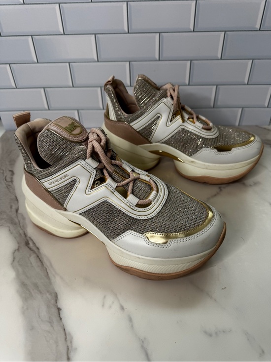 Michael Kors Shoes - Michael Kors Olympia Glitter Mesh Sneakers Women’s 8.5M White Gold Pink Chunky
